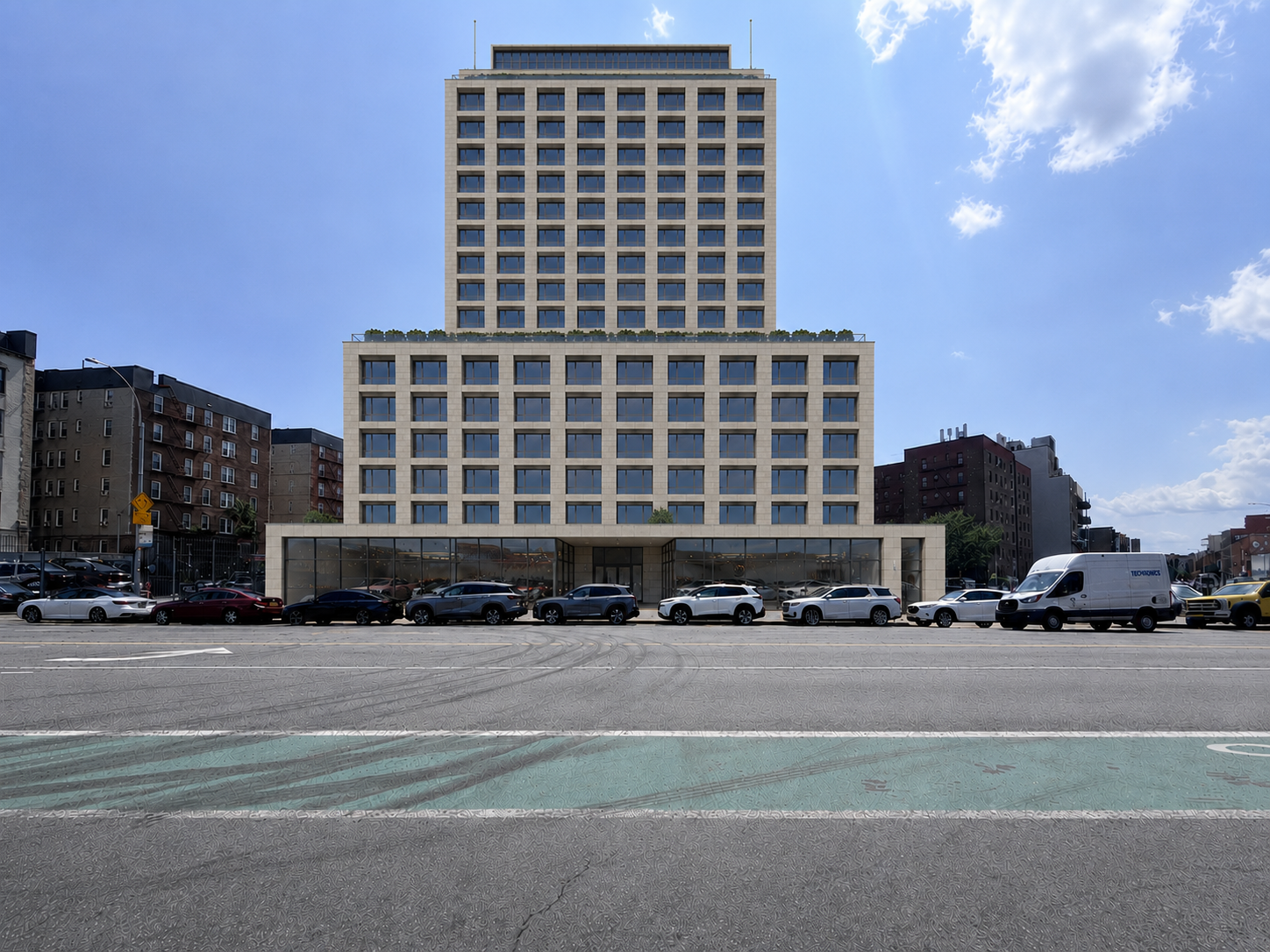 Illustrative rendering of a proposed slender residential tower rising above a limestone podium at the corner of Neptune Avenue and Ocean Parkway