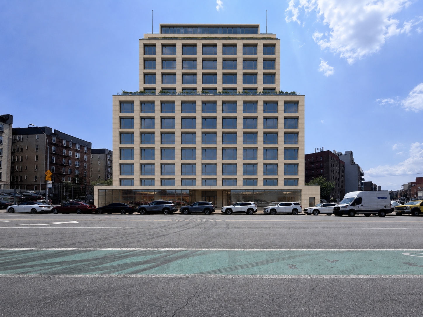 Illustrative rendering of a proposed limestone-and-glass mid-rise at 20 Neptune Avenue, with a transparent retail base and set-back residential floors above