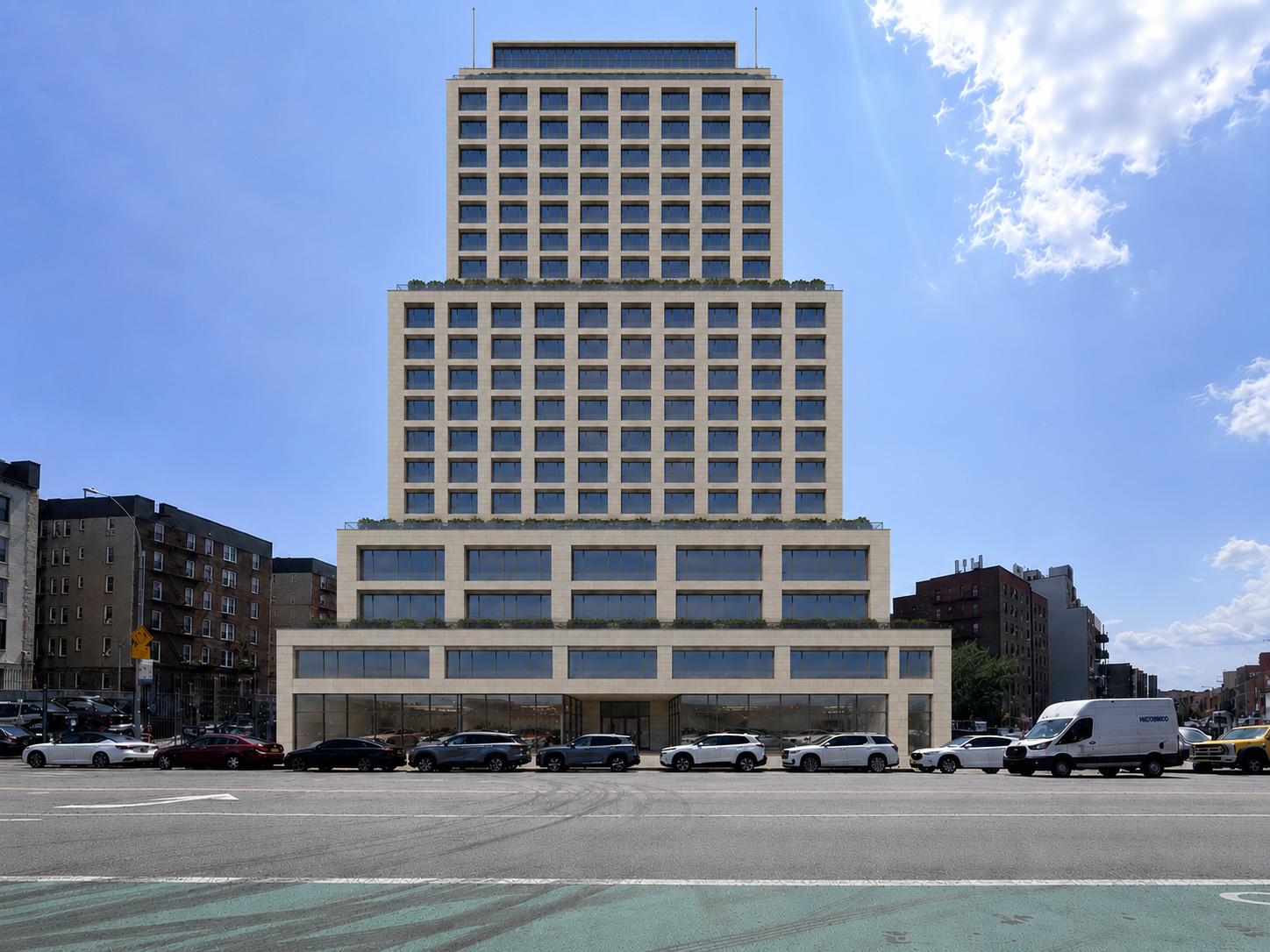 Illustrative rendering of Neptune Commons: a symmetrical limestone building with stepped ziggurat setbacks rising above a transparent retail base at 20 Neptune Avenue